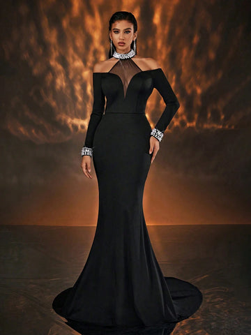 Glamrae Elegant Black Cold Shoulder Long Sleeve Mesh Inset V-Neck Beaded Trim Fish Tail Maxi Dress For Single Party Wedding Events