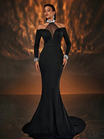 Glamrae Elegant Black Cold Shoulder Long Sleeve Mesh Inset V-Neck Beaded Trim Fish Tail Maxi Dress For Single Party Wedding Events