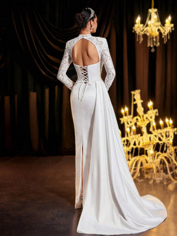 Glamrae Elegant Black Luxury Handmade Hot Diamond Pearl Diamond Tassel Round Neck See-Through Long Sleeve Slit Long Style Suitable For Evening Parties Ladies Formal Dinner Dress