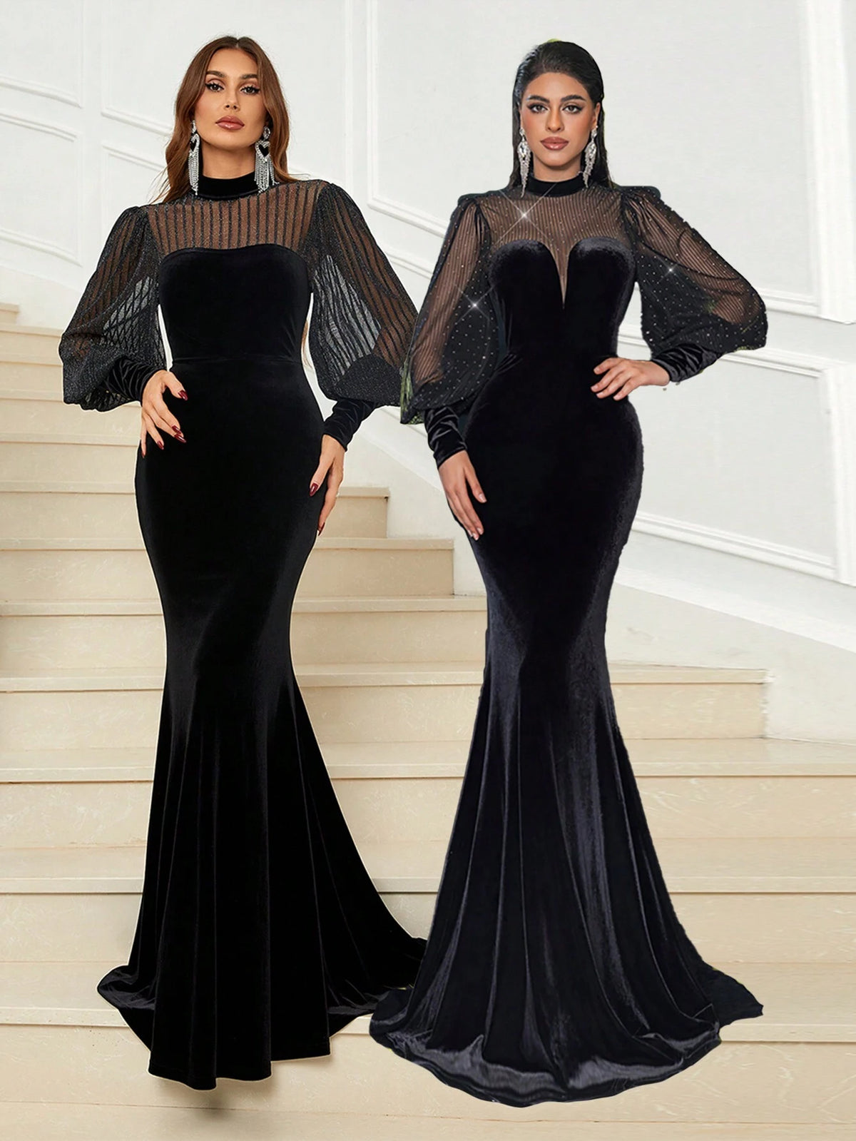 Glamrae Elegant Black Mesh Rhinestone Embellished Lantern Sleeve Mermaid Hem Formal Evening Gown