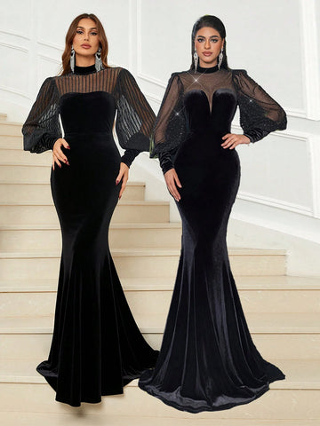 Glamrae Elegant Black Mesh Rhinestone Embellished Lantern Sleeve Mermaid Hem Formal Evening Gown
