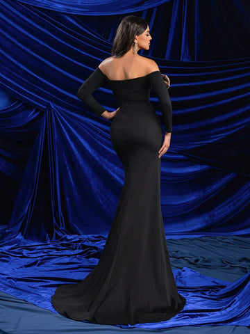 Glamrae Elegant Black Off-Shoulder Sweetheart Neckline Long Sleeve Colorblock Mesh Bow Exaggerated Design Splicing High Waist Slim Fishtail Floor-Length Evening Dress For Date, Singles Party, Vacation, Wedding, Formal Events