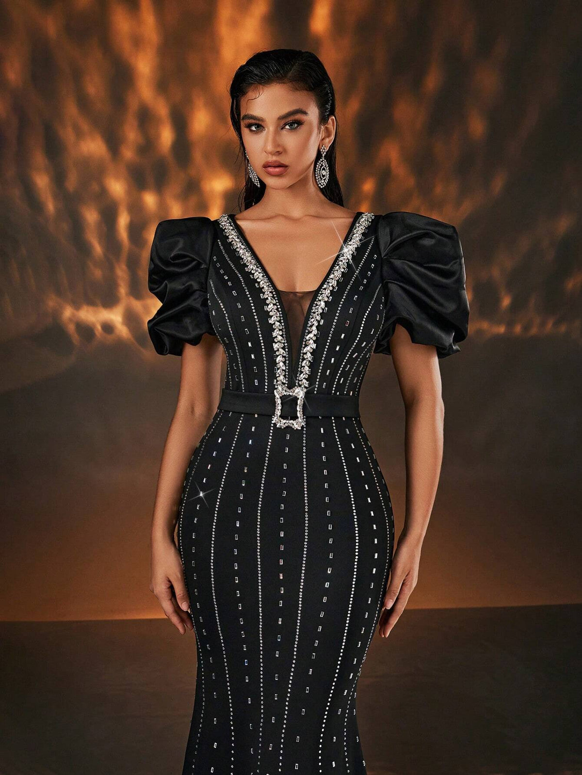 Glamrae Elegant Black Rhinestone Decorated Puff Sleeve Deep V Neck Mermaid Formal Evening Gown