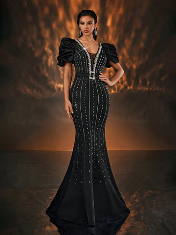 Glamrae Elegant Black Rhinestone Decorated Puff Sleeve Deep V Neck Mermaid Formal Evening Gown