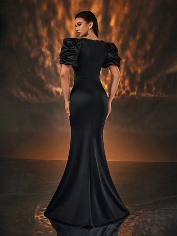 Glamrae Elegant Black Rhinestone Decorated Puff Sleeve Deep V Neck Mermaid Formal Evening Gown