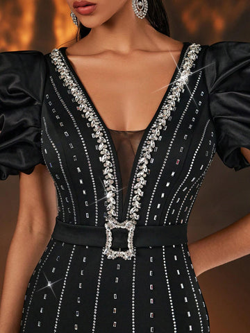 Glamrae Elegant Black Rhinestone Decorated Puff Sleeve Deep V Neck Mermaid Formal Evening Gown