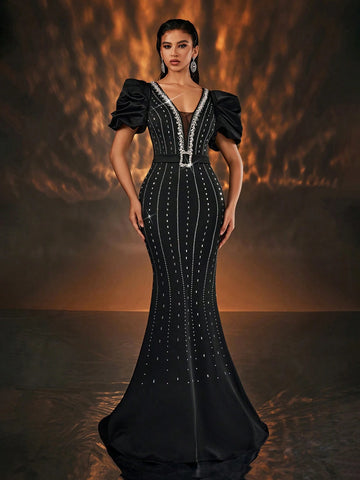 Glamrae Elegant Black Rhinestone Decorated Puff Sleeve Deep V Neck Mermaid Formal Evening Gown