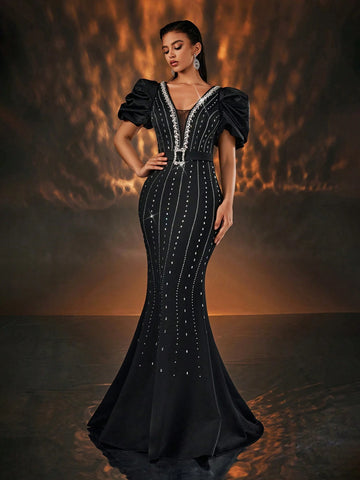 Glamrae Elegant Black Rhinestone Decorated Puff Sleeve Deep V Neck Mermaid Formal Evening Gown