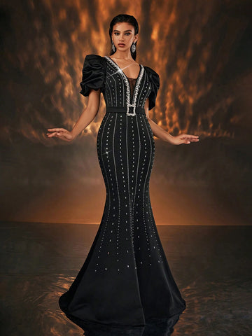 Glamrae Elegant Black Rhinestone Decorated Puff Sleeve Deep V Neck Mermaid Formal Evening Gown