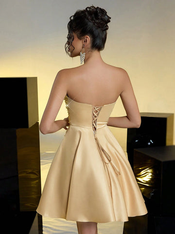 Glamrae Elegant Champagne Glossy Satin Tube Top, Gorgeous Three-Dimensional Sequins, Positioning Appliqués, A-Line Skirt, Adjustable Straps At The Back, Bachelor Party Date Prom Dress