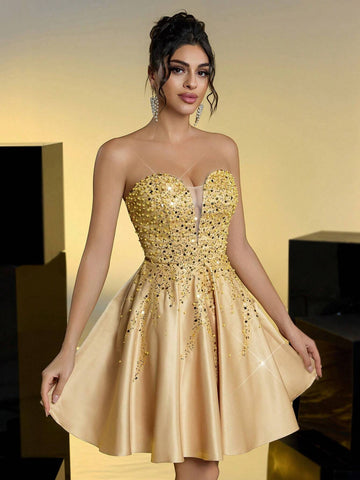 Glamrae Elegant Champagne Glossy Satin Tube Top, Gorgeous Three-Dimensional Sequins, Positioning Appliqués, A-Line Skirt, Adjustable Straps At The Back, Bachelor Party Date Prom Dress