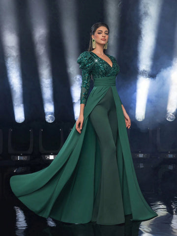 Glamrae Elegant Dark Green Sequin Patchwork Wide Shoulder Deep V-Neck Ruffle Flare Sleeve High Waist Slimming Chiffon Stitching Knitted Jumpsuit For Dating, Party, Wedding