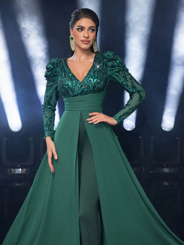 Glamrae Elegant Dark Green Sequin Patchwork Wide Shoulder Deep V-Neck Ruffle Flare Sleeve High Waist Slimming Chiffon Stitching Knitted Jumpsuit For Dating, Party, Wedding