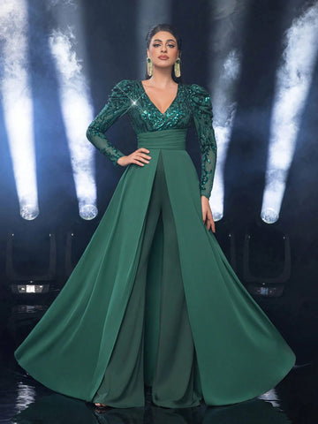 Glamrae Elegant Dark Green Sequin Patchwork Wide Shoulder Deep V-Neck Ruffle Flare Sleeve High Waist Slimming Chiffon Stitching Knitted Jumpsuit For Dating, Party, Wedding