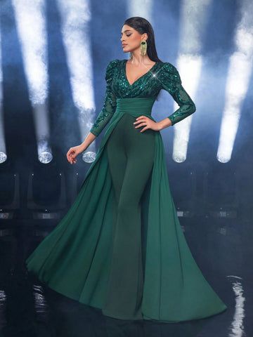 Glamrae Elegant Dark Green Sequin Patchwork Wide Shoulder Deep V-Neck Ruffle Flare Sleeve High Waist Slimming Chiffon Stitching Knitted Jumpsuit For Dating, Party, Wedding