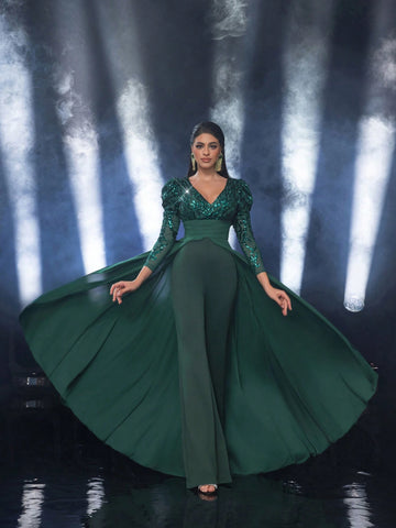 Glamrae Elegant Dark Green Sequin Patchwork Wide Shoulder Deep V-Neck Ruffle Flare Sleeve High Waist Slimming Chiffon Stitching Knitted Jumpsuit For Dating, Party, Wedding