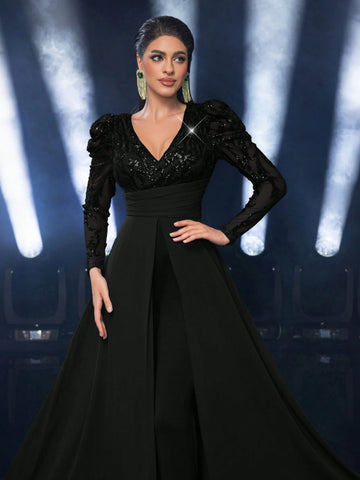 Glamrae Elegant Dark Green Sequin Patchwork Wide Shoulder Deep V Neckline Puff Sleeve High Waist Slimming Fit Flowy Knit Jumpsuit For Date, Party, Wedding