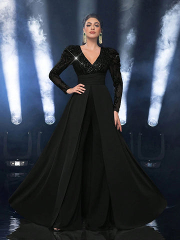 Glamrae Elegant Dark Green Sequin Patchwork Wide Shoulder Deep V Neckline Puff Sleeve High Waist Slimming Fit Flowy Knit Jumpsuit For Date, Party, Wedding