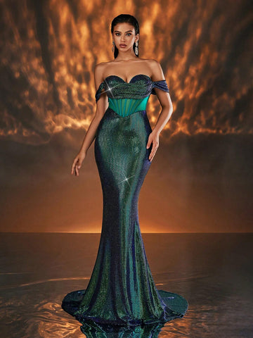 Glamrae Elegant Emerald Green Off-Shoulder Elastic Sequin Knit Bustier With Boning, High-Waisted Mermaid Maxi Dress For Prom, Wedding Party, Formal Occasion