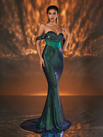 Glamrae Elegant Emerald Green Off-Shoulder Elastic Sequin Knit Bustier With Boning, High-Waisted Mermaid Maxi Dress For Prom, Wedding Party, Formal Occasion