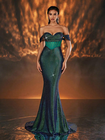 Glamrae Elegant Emerald Green Off-Shoulder Elastic Sequin Knit Bustier With Boning, High-Waisted Mermaid Maxi Dress For Prom, Wedding Party, Formal Occasion