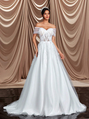 Glamrae Elegant, Gorgeous And Luxurious One-Shoulder Embroidered Lace Appliqué Stitching Mesh Pleated Large Hem And Tail Suitable For Wedding Events But Also Party Vacation Honeymoon Wedding Dress