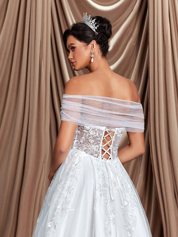 Glamrae Elegant, Gorgeous And Luxurious One-Shoulder Embroidered Lace Appliqué Stitching Mesh Pleated Large Hem And Tail Suitable For Wedding Events But Also Party Vacation Honeymoon Wedding Dress