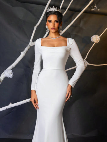 Glamrae Elegant, Gorgeous, Luxurious And Romantic White Long-Sleeved Stretch Knitted Pleated Mermaid Tail Spliced Lace Large Tail Suitable For Wedding Events, Engagement Parties, Honeymoon Vacation Prom Wedding Dresses