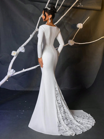 Glamrae Elegant, Gorgeous, Luxurious And Romantic White Long-Sleeved Stretch Knitted Pleated Mermaid Tail Spliced Lace Large Tail Suitable For Wedding Events, Engagement Parties, Honeymoon Vacation Prom Wedding Dresses