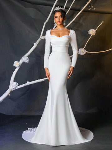 Glamrae Elegant, Gorgeous, Luxurious And Romantic White Long-Sleeved Stretch Knitted Pleated Mermaid Tail Spliced Lace Large Tail Suitable For Wedding Events, Engagement Parties, Honeymoon Vacation Prom Wedding Dresses