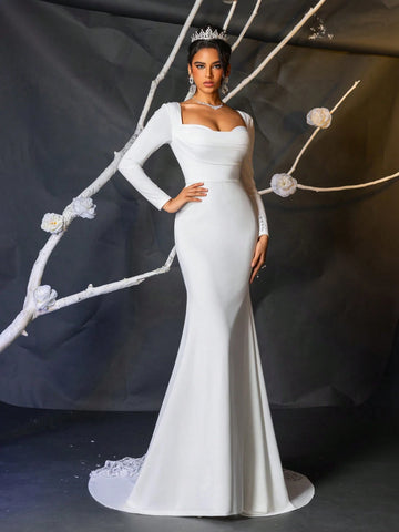 Glamrae Elegant, Gorgeous, Luxurious And Romantic White Long-Sleeved Stretch Knitted Pleated Mermaid Tail Spliced Lace Large Tail Suitable For Wedding Events, Engagement Parties, Honeymoon Vacation Prom Wedding Dresses