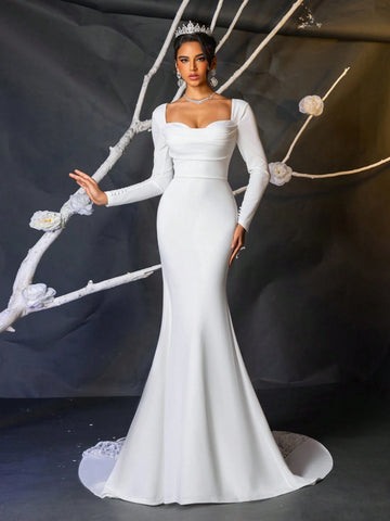 Glamrae Elegant, Gorgeous, Luxurious And Romantic White Long-Sleeved Stretch Knitted Pleated Mermaid Tail Spliced Lace Large Tail Suitable For Wedding Events, Engagement Parties, Honeymoon Vacation Prom Wedding Dresses