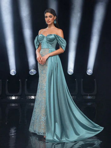 Glamrae Elegant Green Crepe Splice Luxury Beaded Illusion Off-Shoulder Side Draped Mermaid Formal Dress