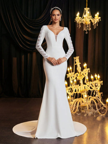 Glamrae Elegant Lace Embroidery V-Neck Backless Long Sleeve Mermaid Dress With Detachable Train, Suitable For Weddings, Parties, Events