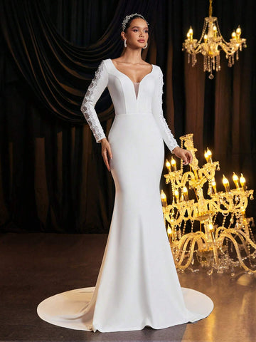 Glamrae Elegant Lace Embroidery V-Neck Backless Long Sleeve Mermaid Dress With Detachable Train, Suitable For Weddings, Parties, Events