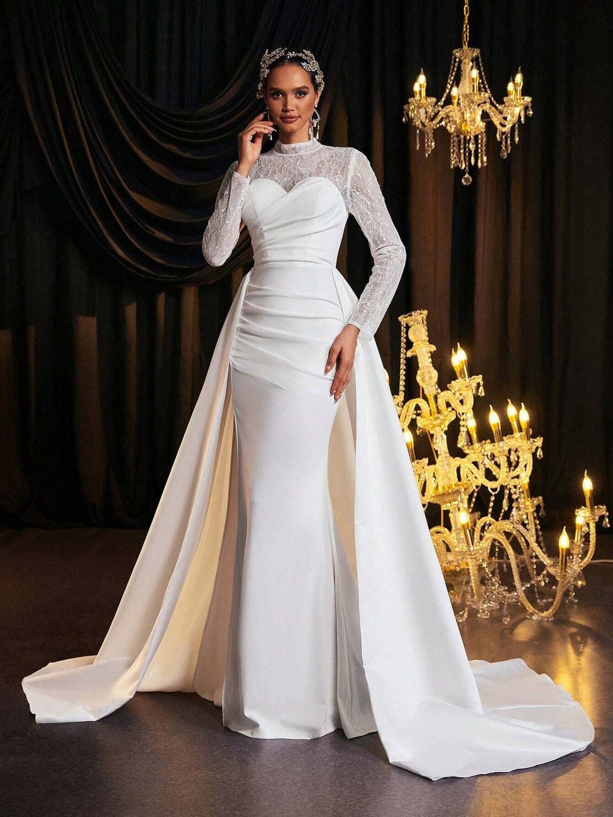 Glamrae Elegant Luxurious Beige Lace Patchwork Satin Ruched Open Slit Mermaid Maxi Dress, Suitable For Weddings, Engagement Parties, Honeymoon