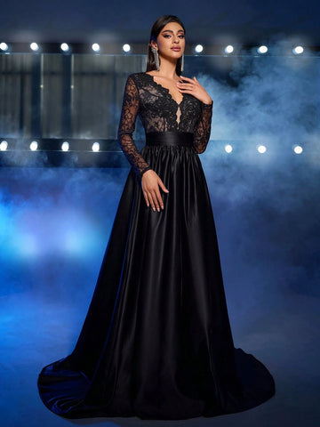 Glamrae Elegant Luxurious Black V-Neck Sheer Lace Applique Splicing Satin Waist Ruched Flare Maxi Dress, Suitable For Weddings, Singles' Parties, Vacations, Galas, Formal Events (Embellished)