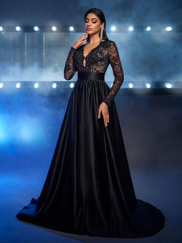 Glamrae Elegant Luxurious Black V-Neck Sheer Lace Applique Splicing Satin Waist Ruched Flare Maxi Dress, Suitable For Weddings, Singles' Parties, Vacations, Galas, Formal Events (Embellished)