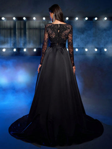 Glamrae Elegant Luxurious Black V-Neck Sheer Lace Applique Splicing Satin Waist Ruched Flare Maxi Dress, Suitable For Weddings, Singles' Parties, Vacations, Galas, Formal Events (Embellished)