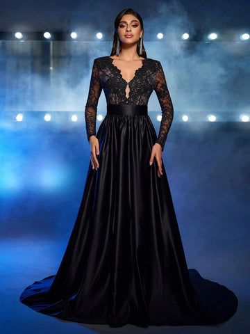 Glamrae Elegant Luxurious Black V-Neck Sheer Lace Applique Splicing Satin Waist Ruched Flare Maxi Dress, Suitable For Weddings, Singles' Parties, Vacations, Galas, Formal Events (Embellished)