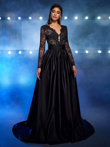 Glamrae Elegant Luxurious Black V-Neck Sheer Lace Applique Splicing Satin Waist Ruched Flare Maxi Dress, Suitable For Weddings, Singles' Parties, Vacations, Galas, Formal Events (Embellished)