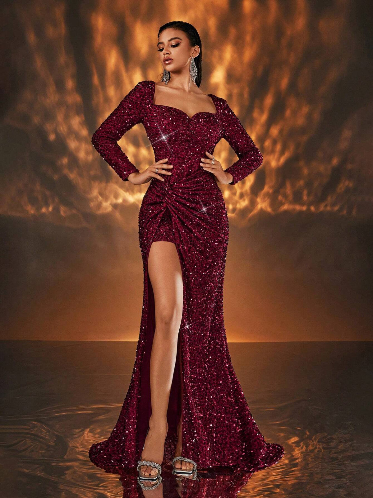 Glamrae Elegant Luxurious Burgundy Sexy V-Neck Long Sleeve Sequin Twist Design Split Maxi Dress With Train, Suitable For Wedding, Party, Graduation, Gala - Heavy-Duty Design