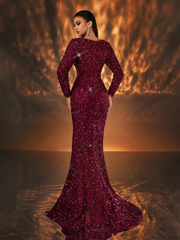 Glamrae Elegant Luxurious Burgundy Sexy V-Neck Long Sleeve Sequin Twist Design Split Maxi Dress With Train, Suitable For Wedding, Party, Graduation, Gala - Heavy-Duty Design