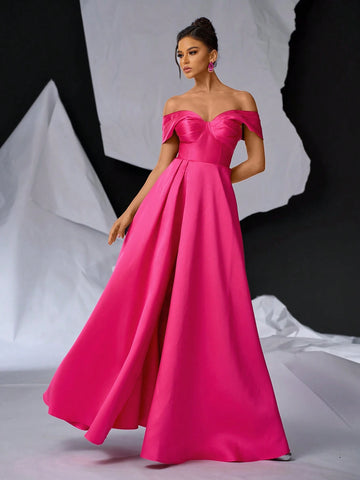 Glamrae Elegant Luxurious Satin Off Shoulder Bow Collar, Small V-Neck Waist Pintuck Thigh-High Slit Back Tie Formal Gown For Party, Wedding, Graduation