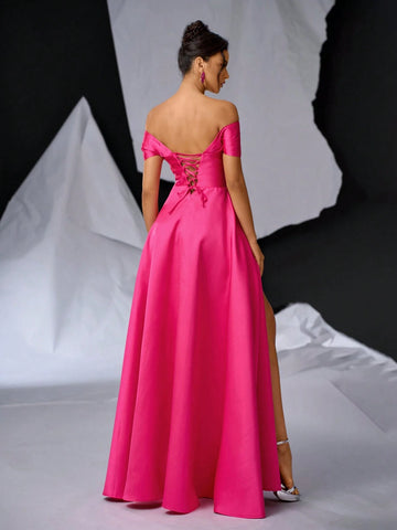 Glamrae Elegant Luxurious Satin Off Shoulder Bow Collar, Small V-Neck Waist Pintuck Thigh-High Slit Back Tie Formal Gown For Party, Wedding, Graduation