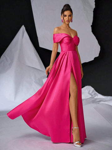 Glamrae Elegant Luxurious Satin Off Shoulder Bow Collar, Small V-Neck Waist Pintuck Thigh-High Slit Back Tie Formal Gown For Party, Wedding, Graduation