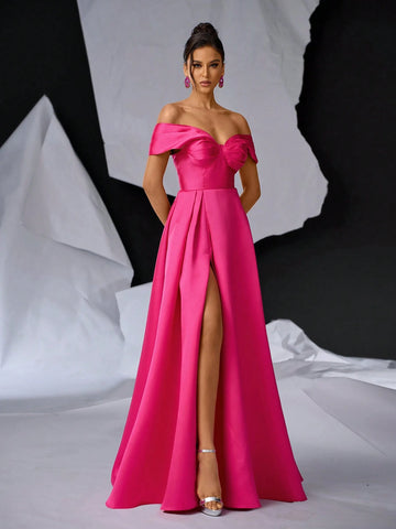 Glamrae Elegant Luxurious Satin Off Shoulder Bow Collar, Small V-Neck Waist Pintuck Thigh-High Slit Back Tie Formal Gown For Party, Wedding, Graduation