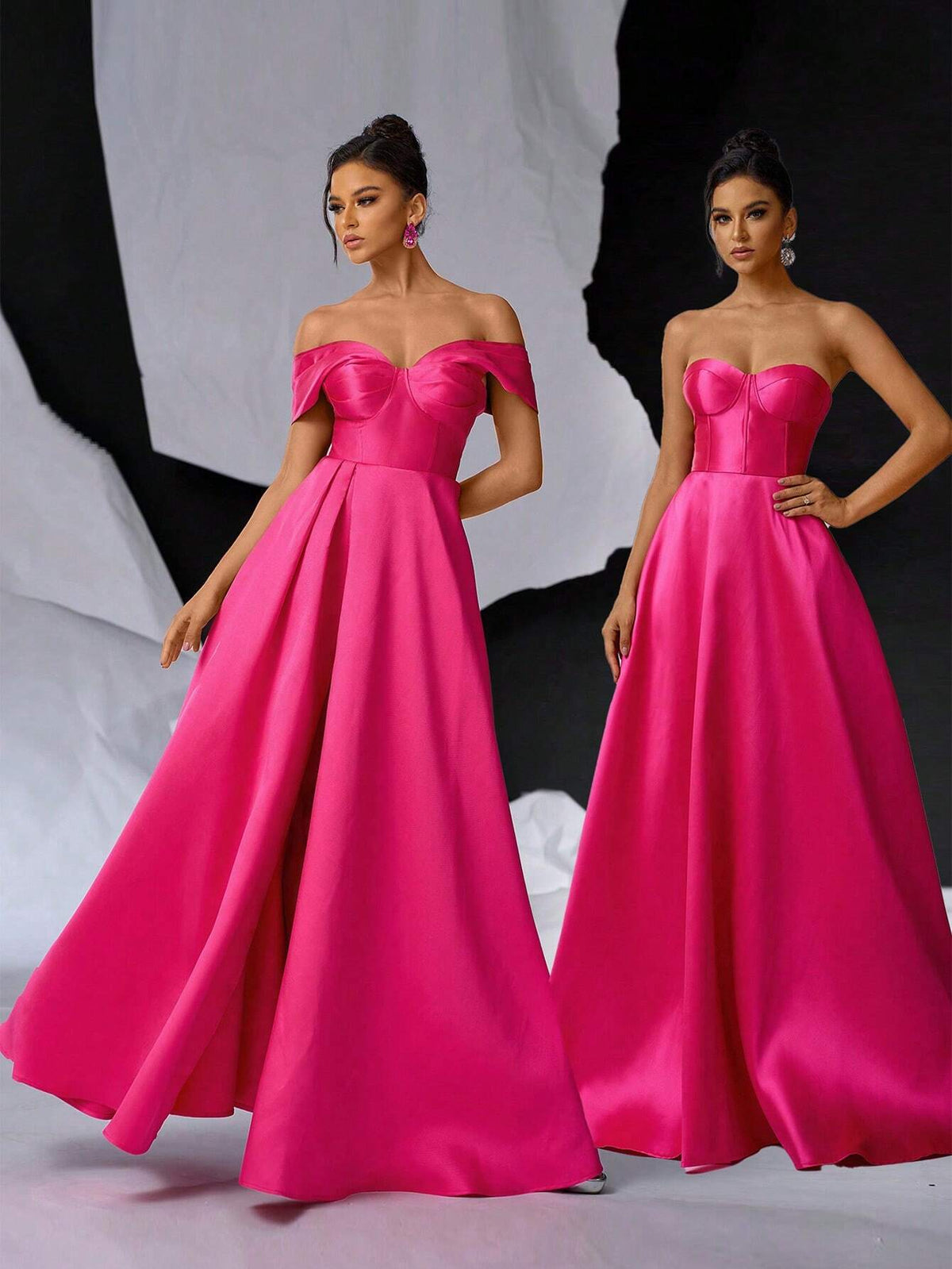 Glamrae Elegant Luxurious Satin Off Shoulder Bow Collar, Small V-Neck Waist Pintuck Thigh-High Slit Back Tie Formal Gown For Party, Wedding, Graduation