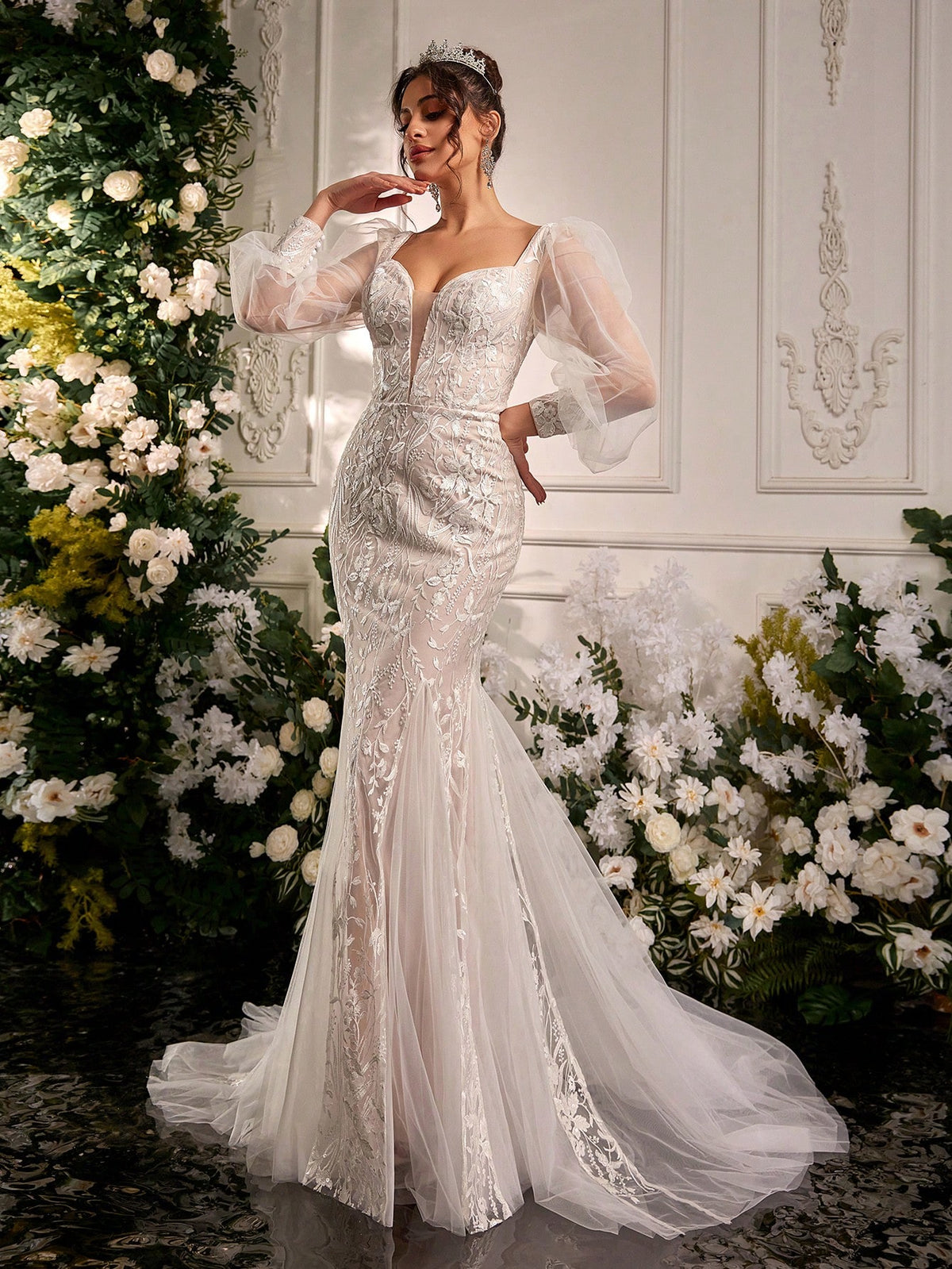Glamrae Elegant Luxury Embroidered Sequin Lace Sheer Long Sleeve Mesh Insert Mermaid Maxi Dress, Suitable For Wedding, Engagement Party, Bachelorette Party, Vacation, Prom