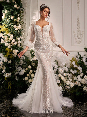 Glamrae Elegant Luxury Embroidered Sequin Lace Sheer Long Sleeve Mesh Insert Mermaid Maxi Dress, Suitable For Wedding, Engagement Party, Bachelorette Party, Vacation, Prom
